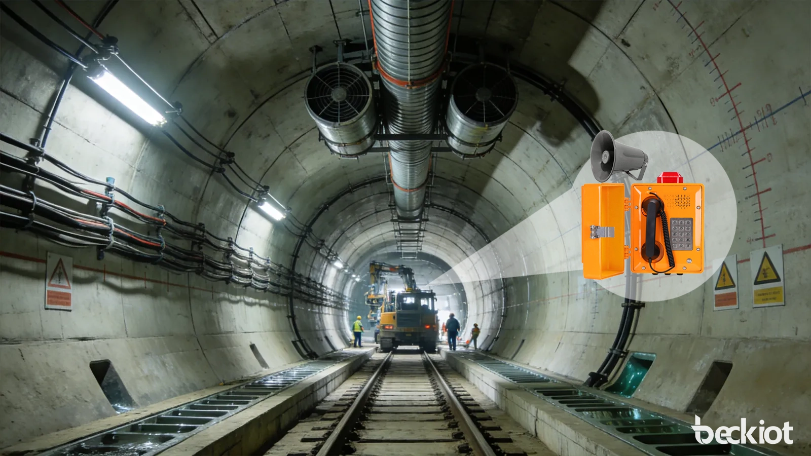 Tunnel evacuation broadcast scenario with zoned loudspeakers, emergency passages, control center command, and linked alarm response