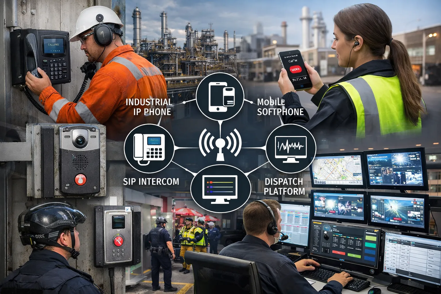Mission-critical field communication with industrial IP phones, mobile softphones, SIP intercom terminals, and dispatch platform integration across industrial and public operations