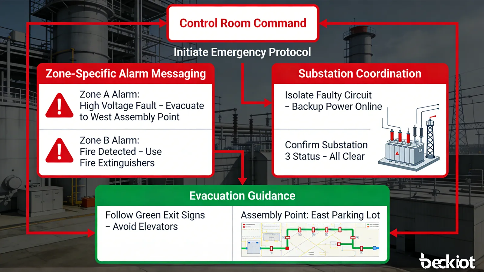 Power plant emergency broadcast response with control room command, zone-specific alarm messaging, substation coordination, and evacuation guidance