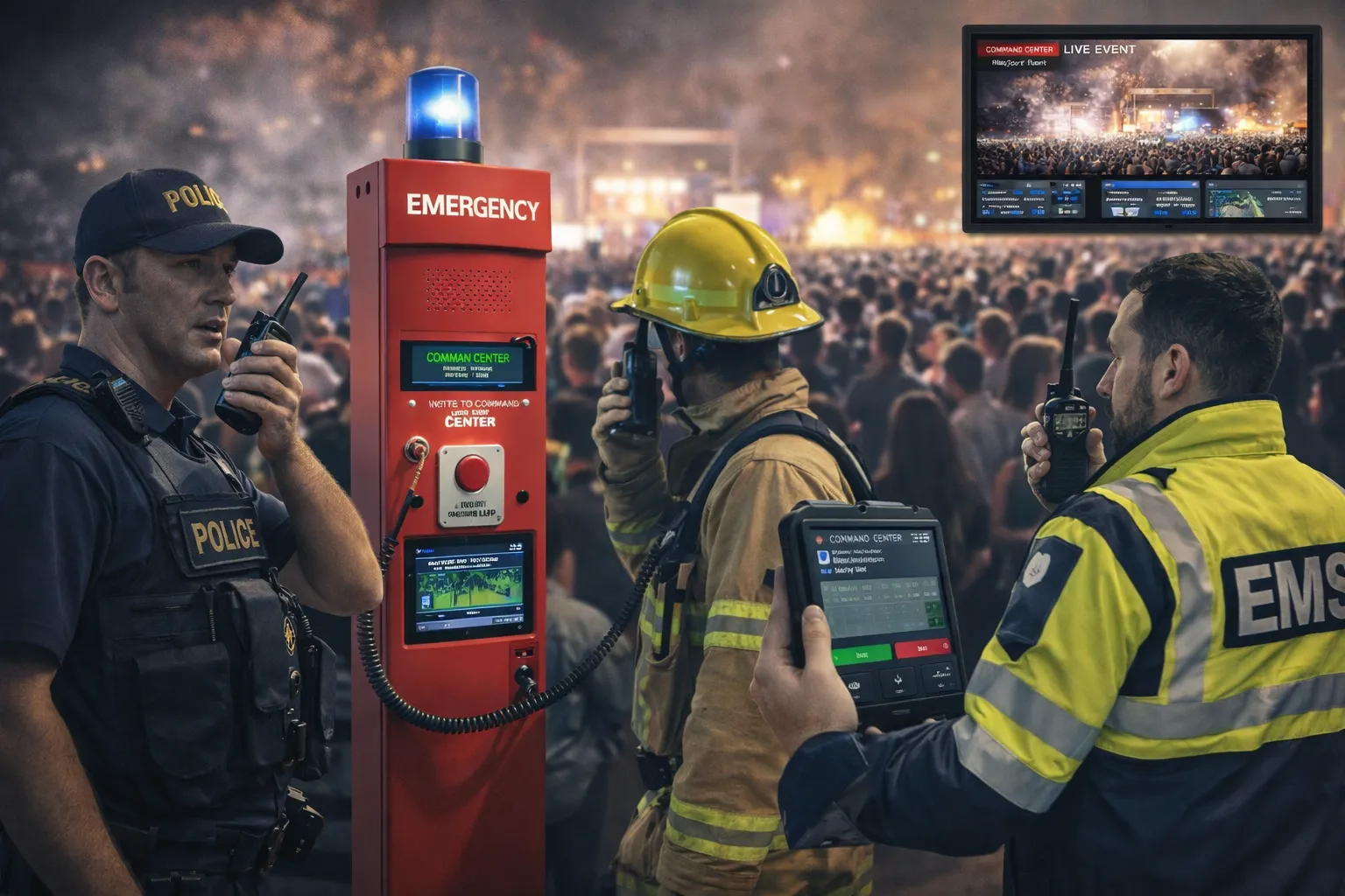 Field operation teams at a major event using handheld radios, emergency call stations, and unified communication devices linked to the command center