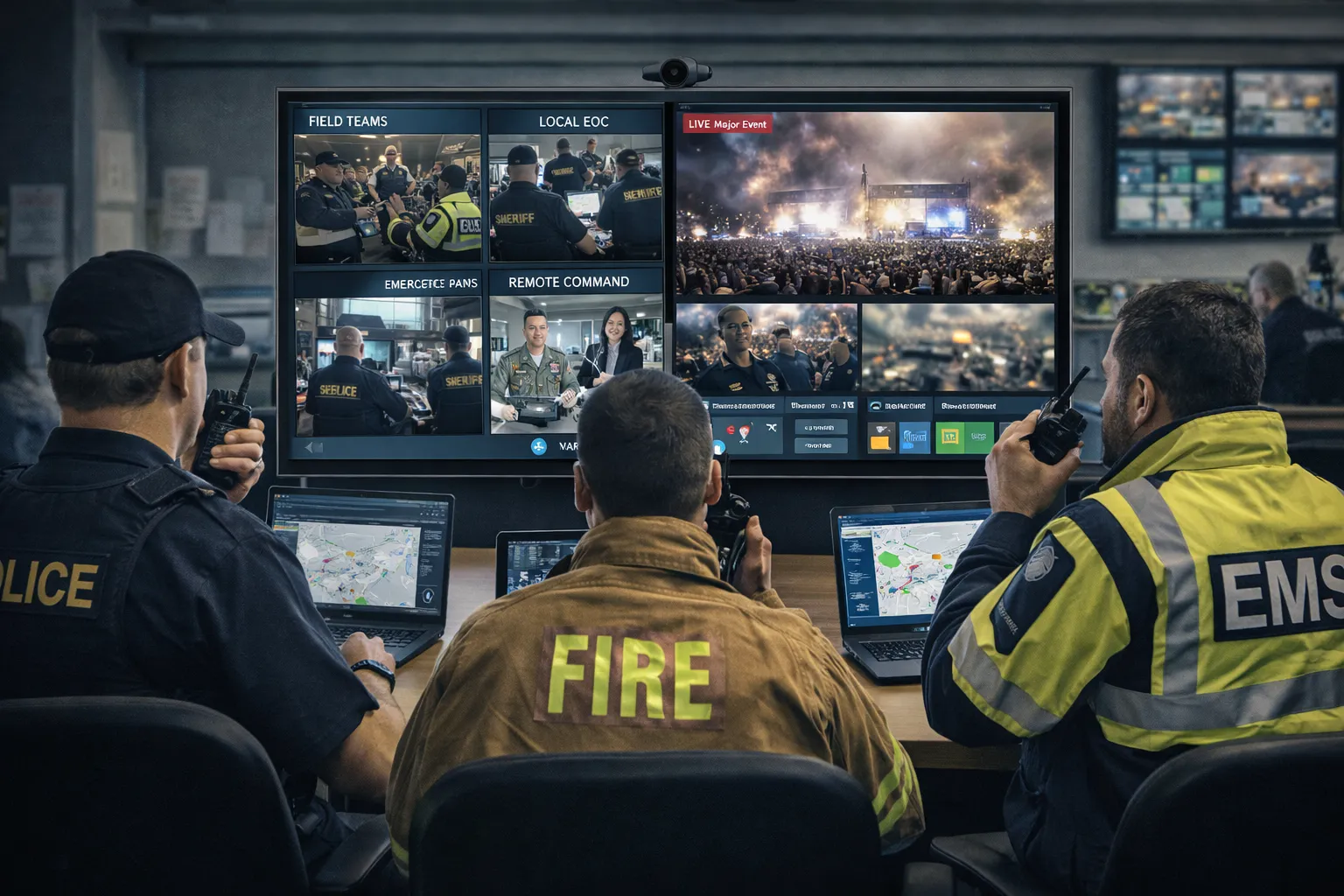 Major event emergency command team using a video conferencing system for real-time coordination with remote and on-site operation units