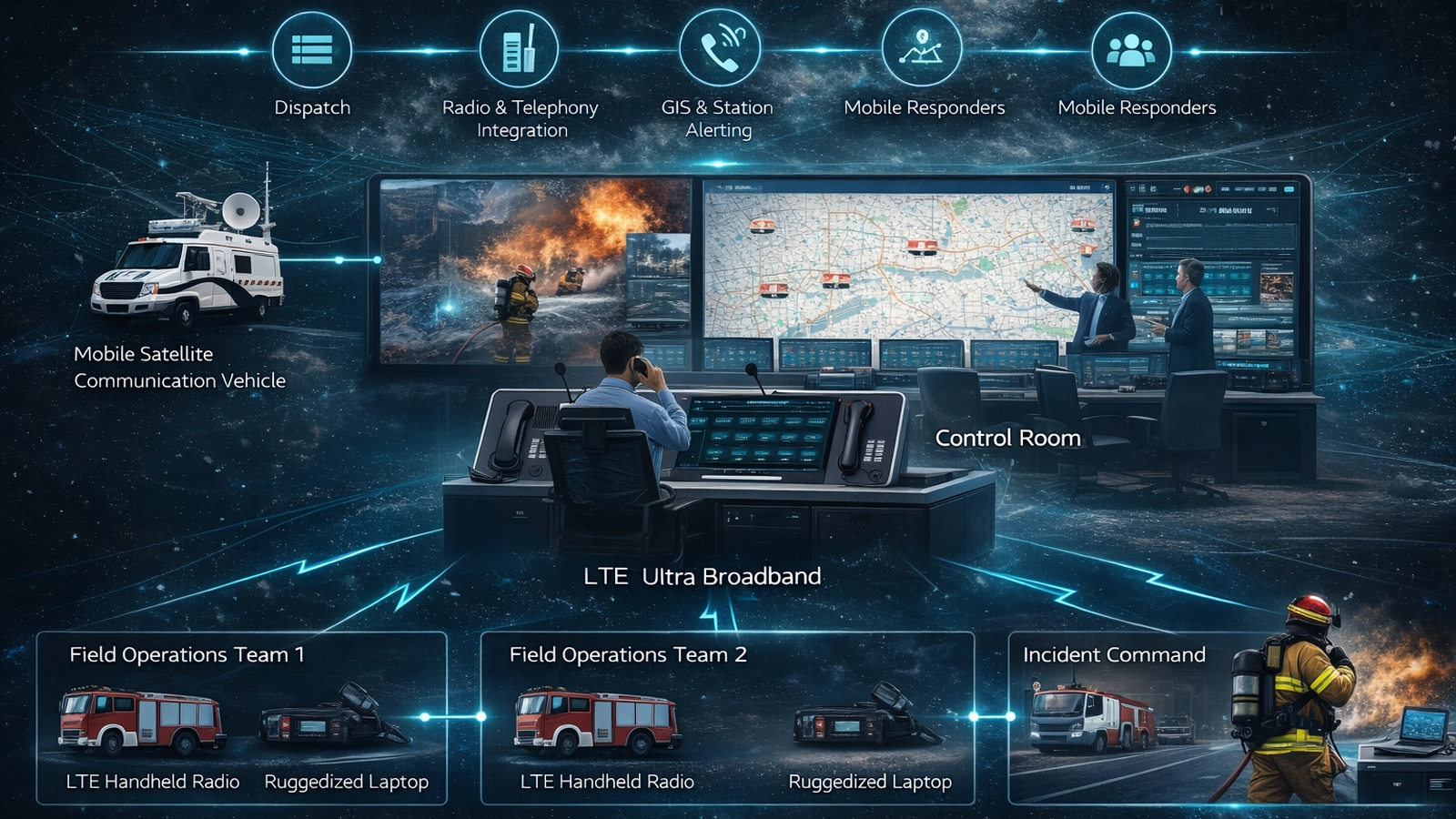Becke Telcom fire and rescue command and control system architecture showing control room positions, radio and telephony integration, GIS, station alerting, mobile responders, and incident command support