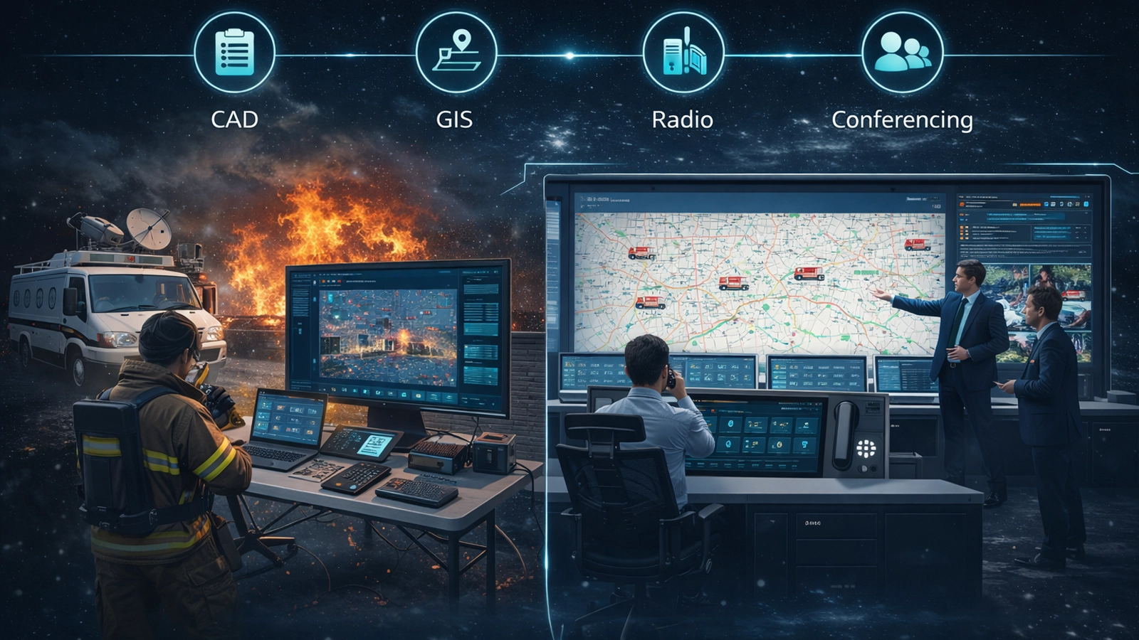 Fire and rescue incident command post and emergency operations center coordination with CAD, GIS, radio, conferencing, and shared situational awareness