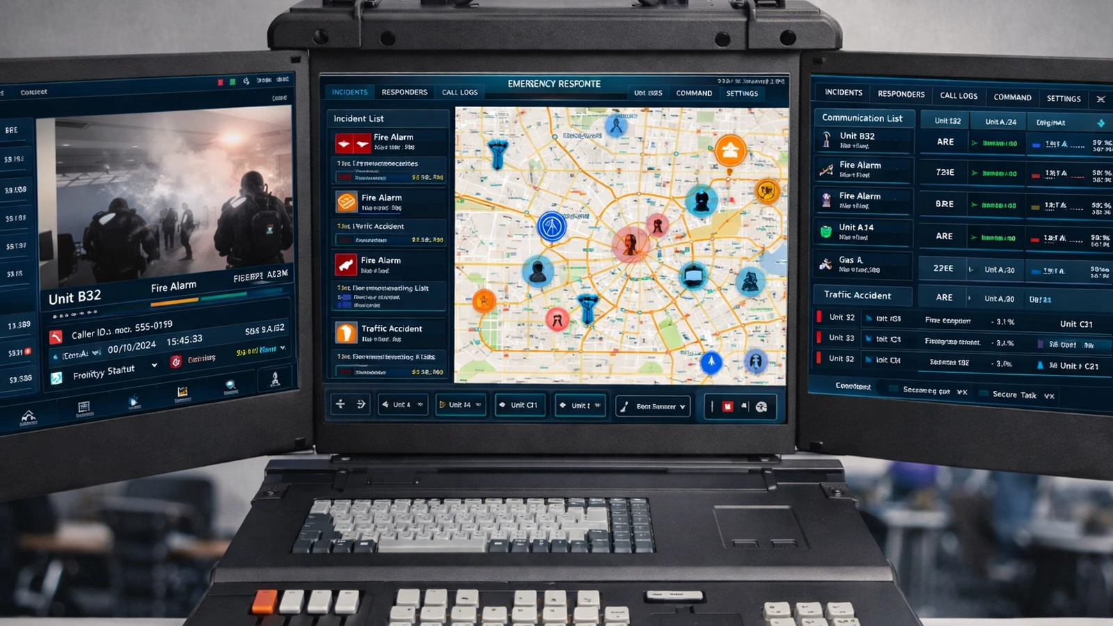Emergency dispatch dashboard with GIS map, responder locations, alarm events, and communication status