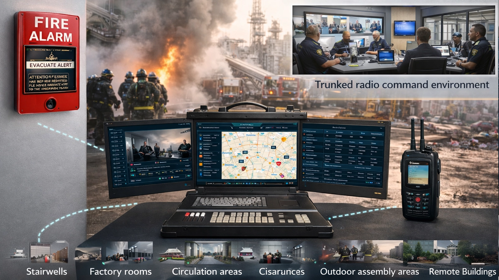 Integrated fire alarm, voice evacuation, emergency conferencing, and trunked radio command environment for coordinated emergency response