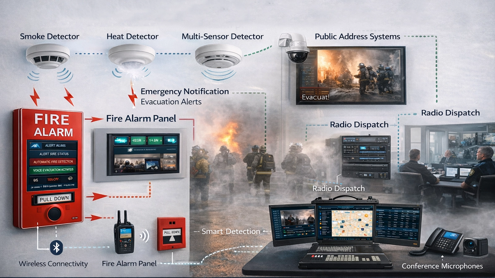 Intelligent fire alarm and emergency evacuation architecture with detectors, fire alarm panels, voice alarm, public address, emergency conferencing, radio dispatch, and centralized command