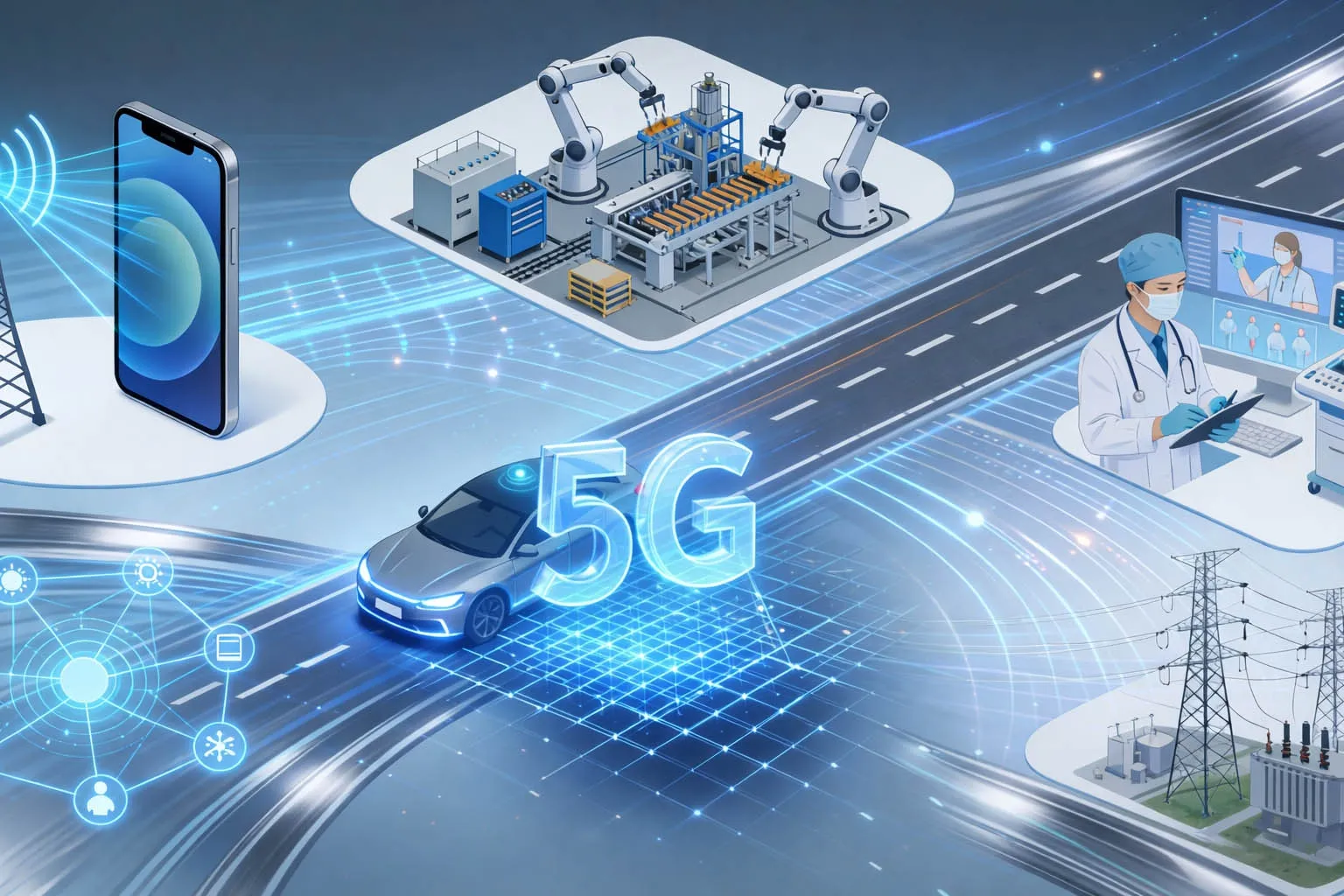 5G is applied across mobile broadband, smart industry, transport, healthcare, utilities, and large-scale IoT environments where coverage, mobility, capacity, and low latency need to work together.