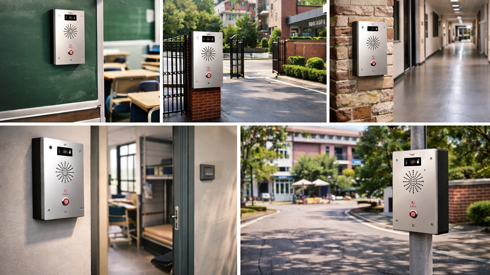 School emergency communication deployment in classrooms, gates, corridors, dormitories, and public campus spaces with panic buttons and intercom support