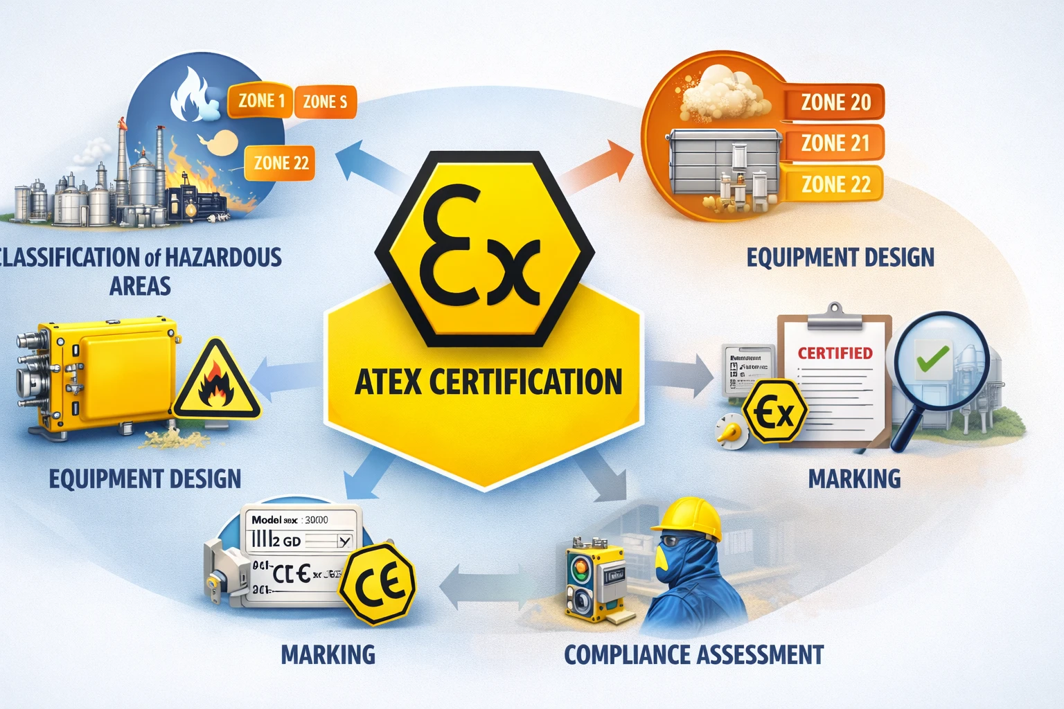 Composite scene showing ATEX-certified equipment used in petrochemical processing, grain handling, pharmaceutical powder production, and hydrogen or battery material facilities.