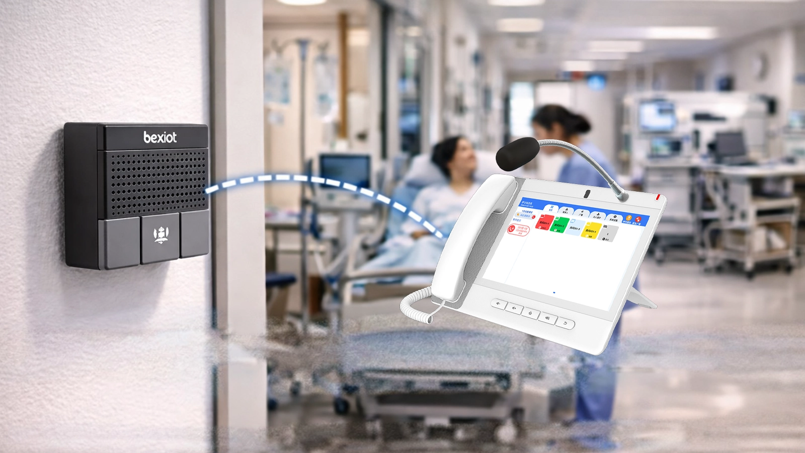 Nurse station console and centralized emergency alert management screen showing room-level calls, priority alarms, and healthcare response workflow