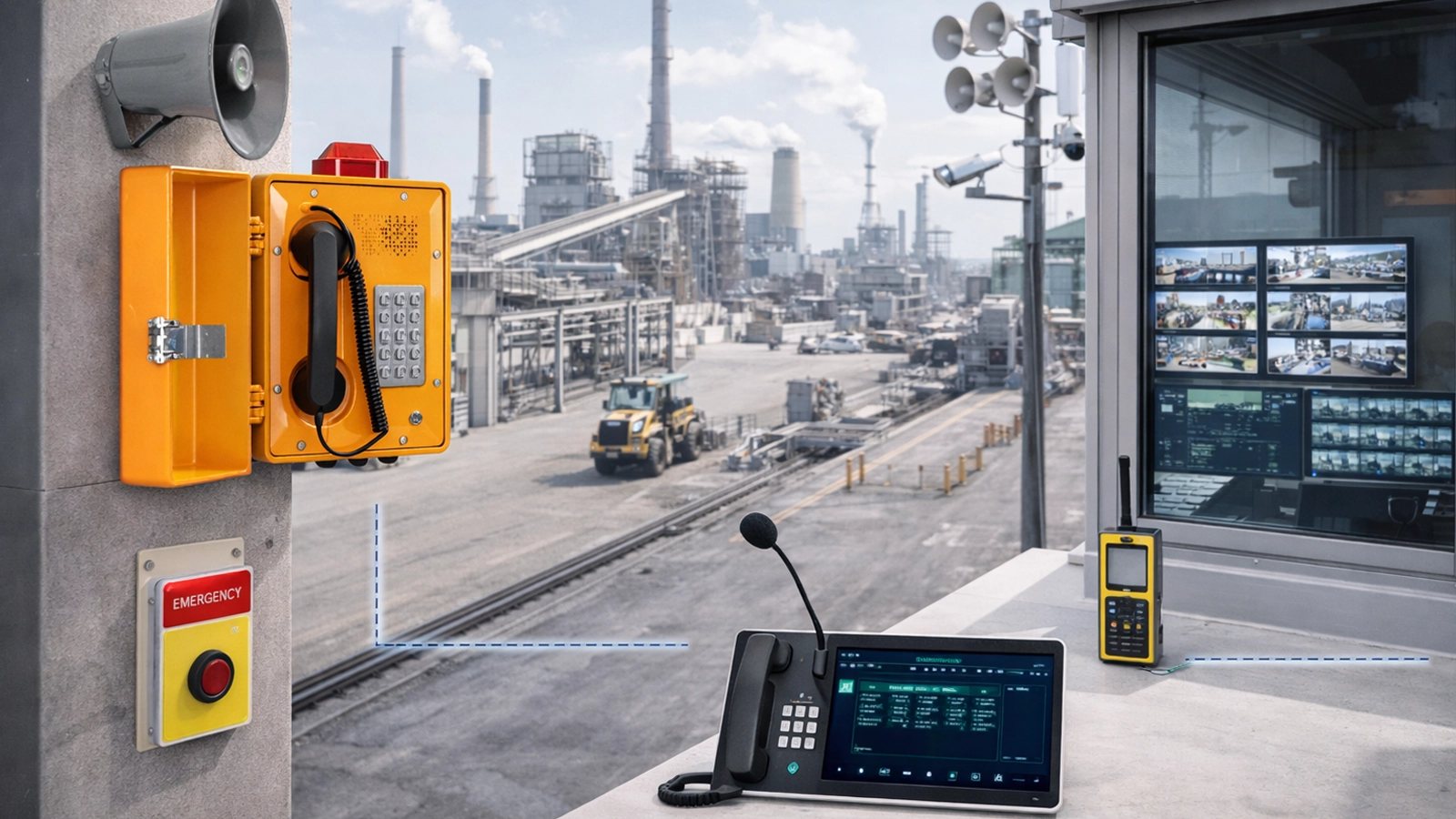 Industrial panic button and duress alarm solution with control room, field communication devices, and centralized dispatch integration