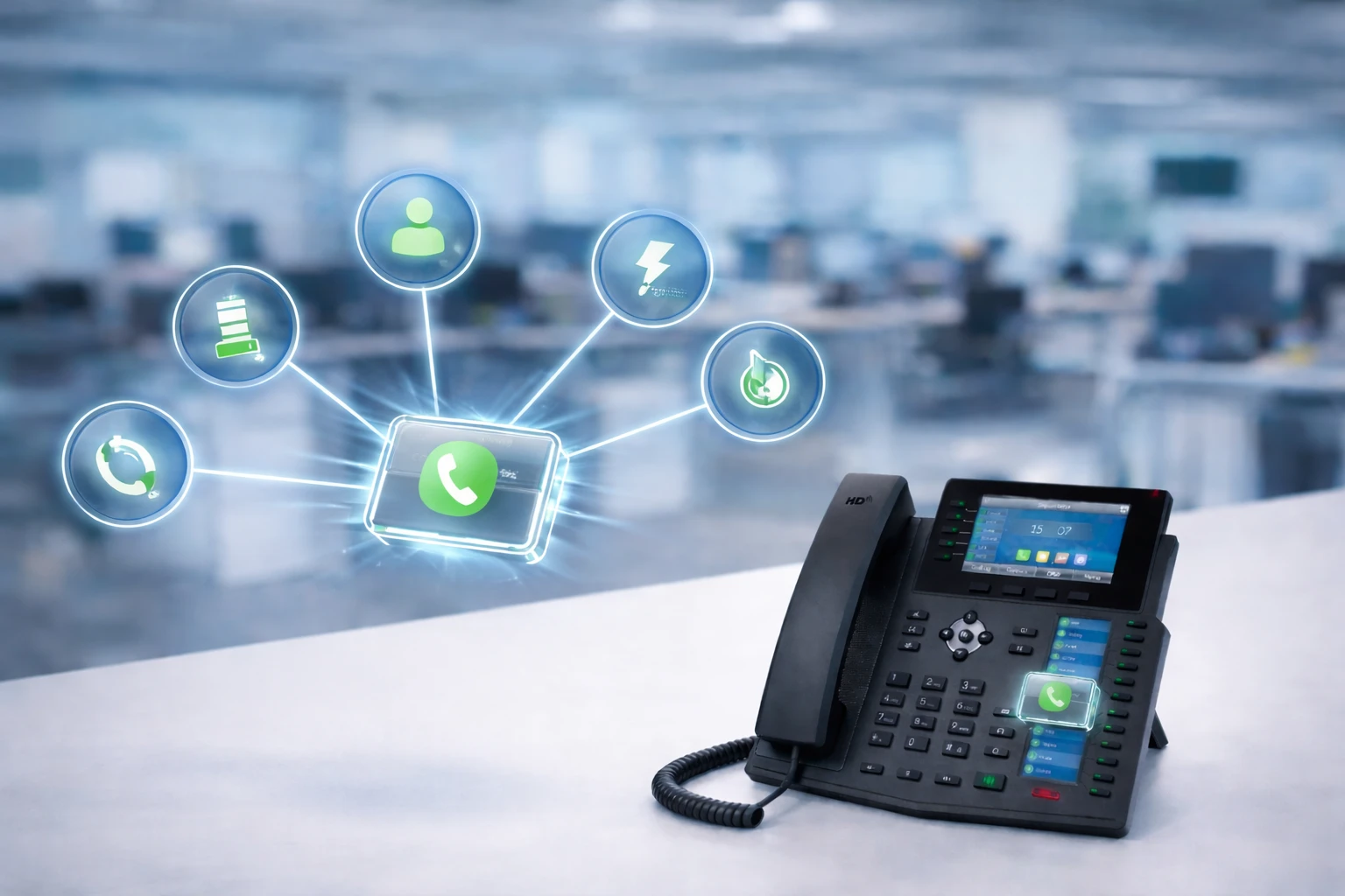 Diagram showing DSS key functions such as direct station selection, BLF line monitoring, speed dial, intercom, call transfer, and call pickup on an enterprise IP phone