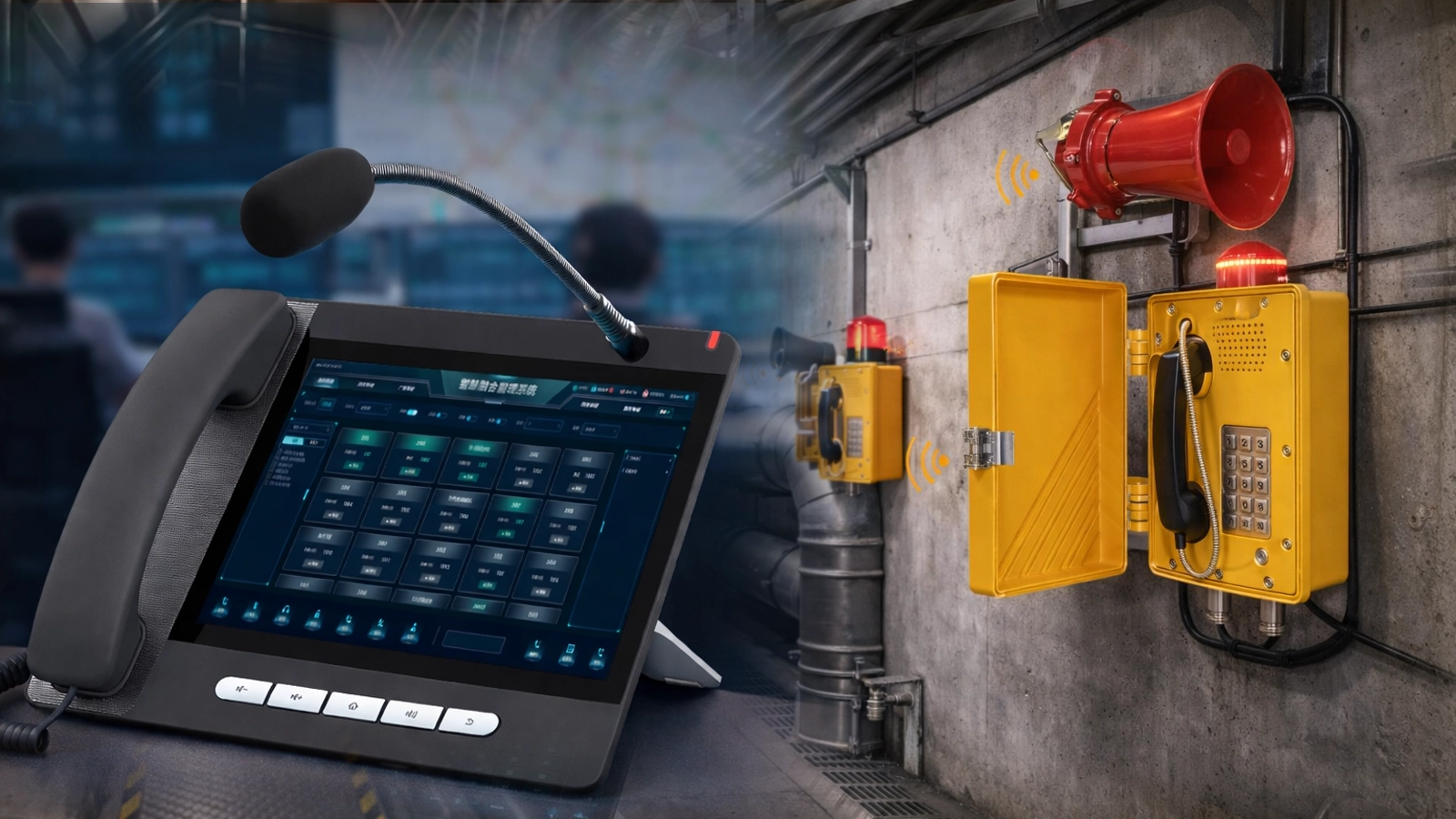 Underground utility tunnel PAGA overview showing control center paging, corridor loudspeakers, emergency intercom points, and alarm coverage across cable and pipeline chambers