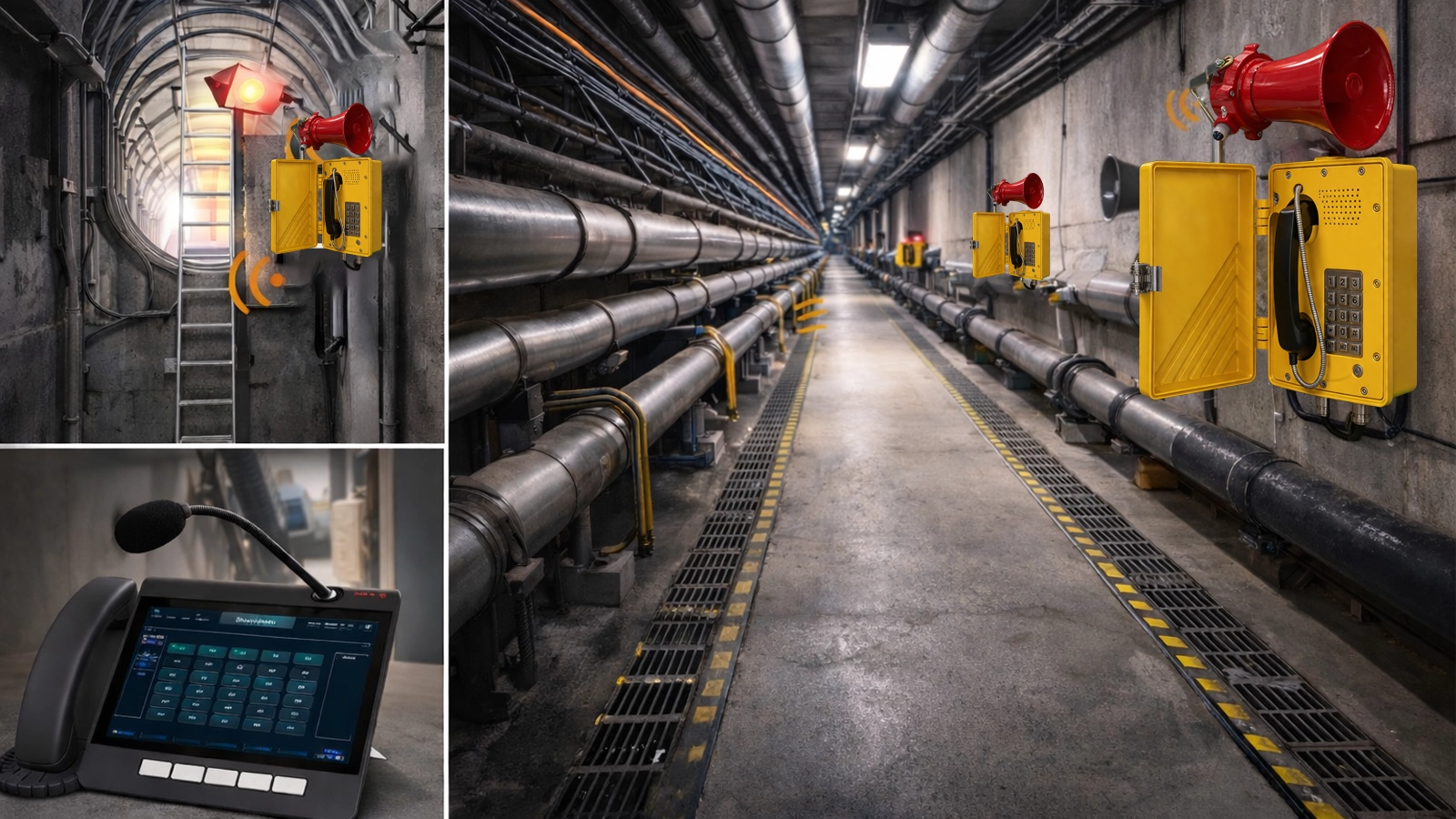 Emergency intercom and zoned broadcasting in an underground utility tunnel with access shaft communication, corridor speakers, and control center coordination
