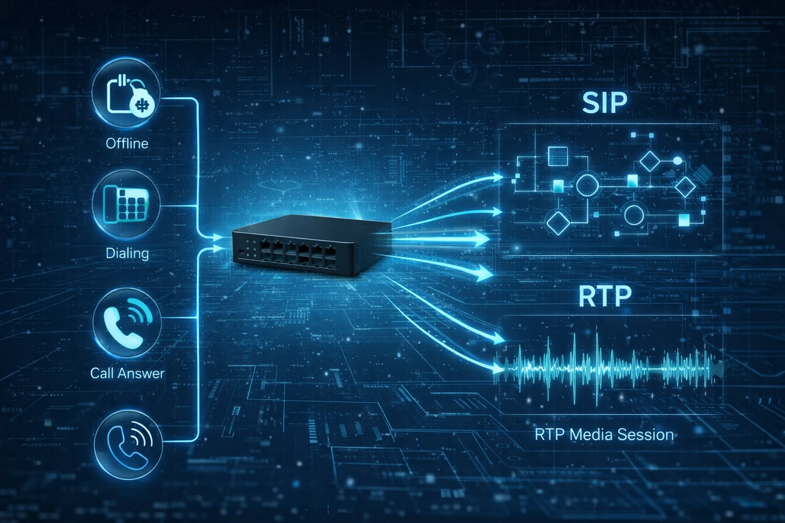 Call flow diagram showing an analog desk phone connected to an FXS gateway that registers to an IP PBX and SIP network Call flow diagram showing an analog desk phone connected to an FXS gateway that registers to an IP PBX and SIP network
