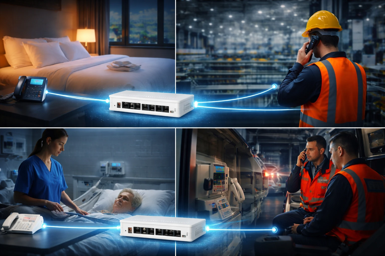 Analog emergency phone, fax machine, hotel room phone, and industrial handset connected through an FXS gateway to a SIP communication platform Analog emergency phone, fax machine, hotel room phone, and industrial handset connected through an FXS gateway to a SIP communication platform