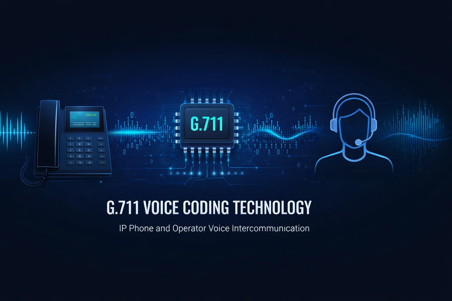 A technical illustration showing analog speech converted into PCM samples, compressed with A-law or mu-law, packetized into RTP, and sent as G.711 media across an IP network. A technical illustration showing analog speech converted into PCM samples, compressed with A-law or mu-law, packetized into RTP, and sent as G.711 media across an IP network.