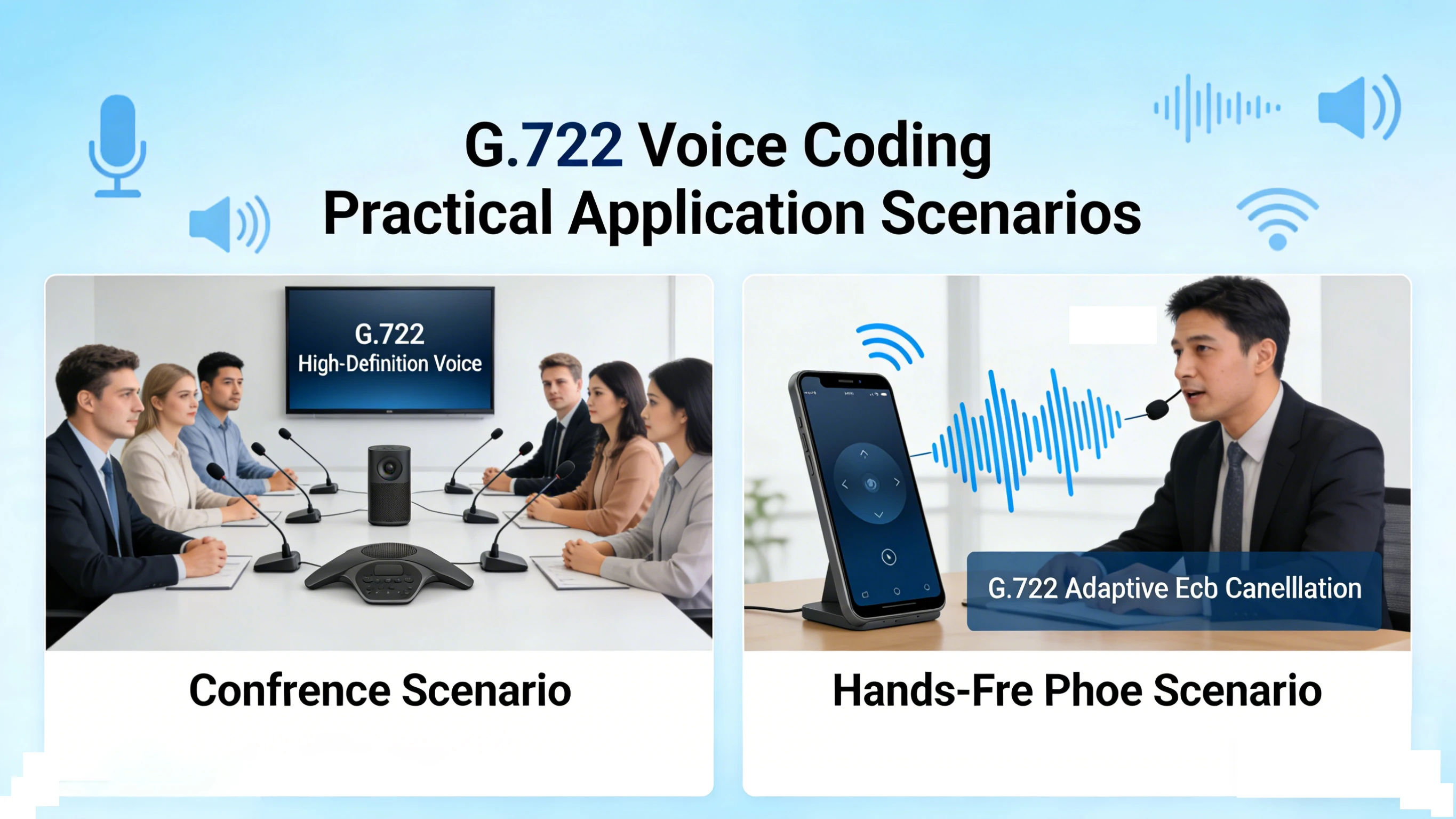 Enterprise conference phone using G.722 wideband audio to improve speech clarity in a meeting room and multi-party business call