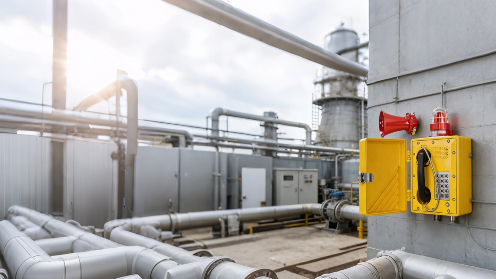 Nuclear power plant PAGA system overview showing central control room, turbine building speakers, auxiliary area paging coverage, and plant-wide general alarm communication