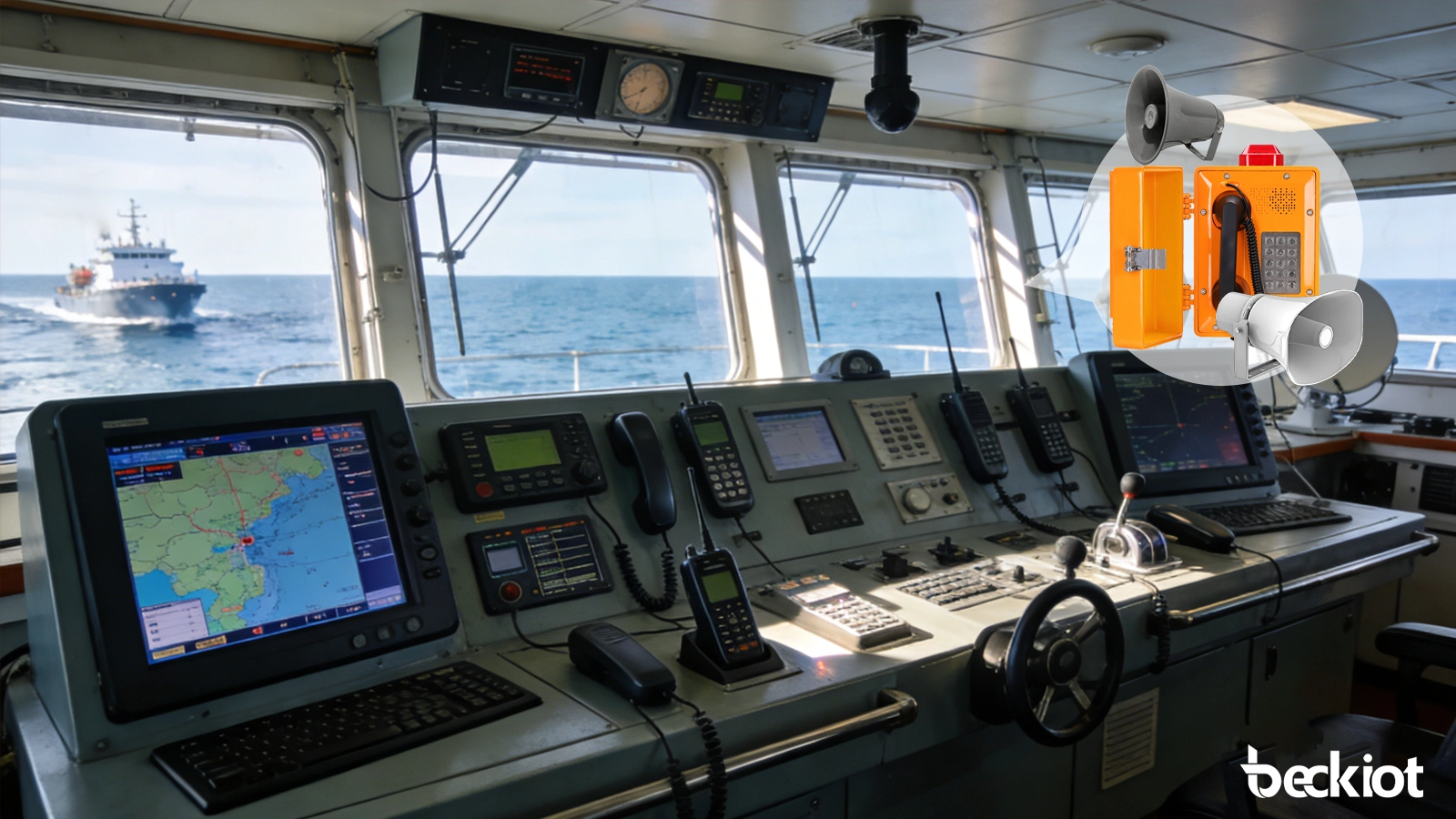 Offshore platform PAGA system overview showing control room paging, marine loudspeakers, industrial telephones, and emergency alarm coverage across multiple operating areas