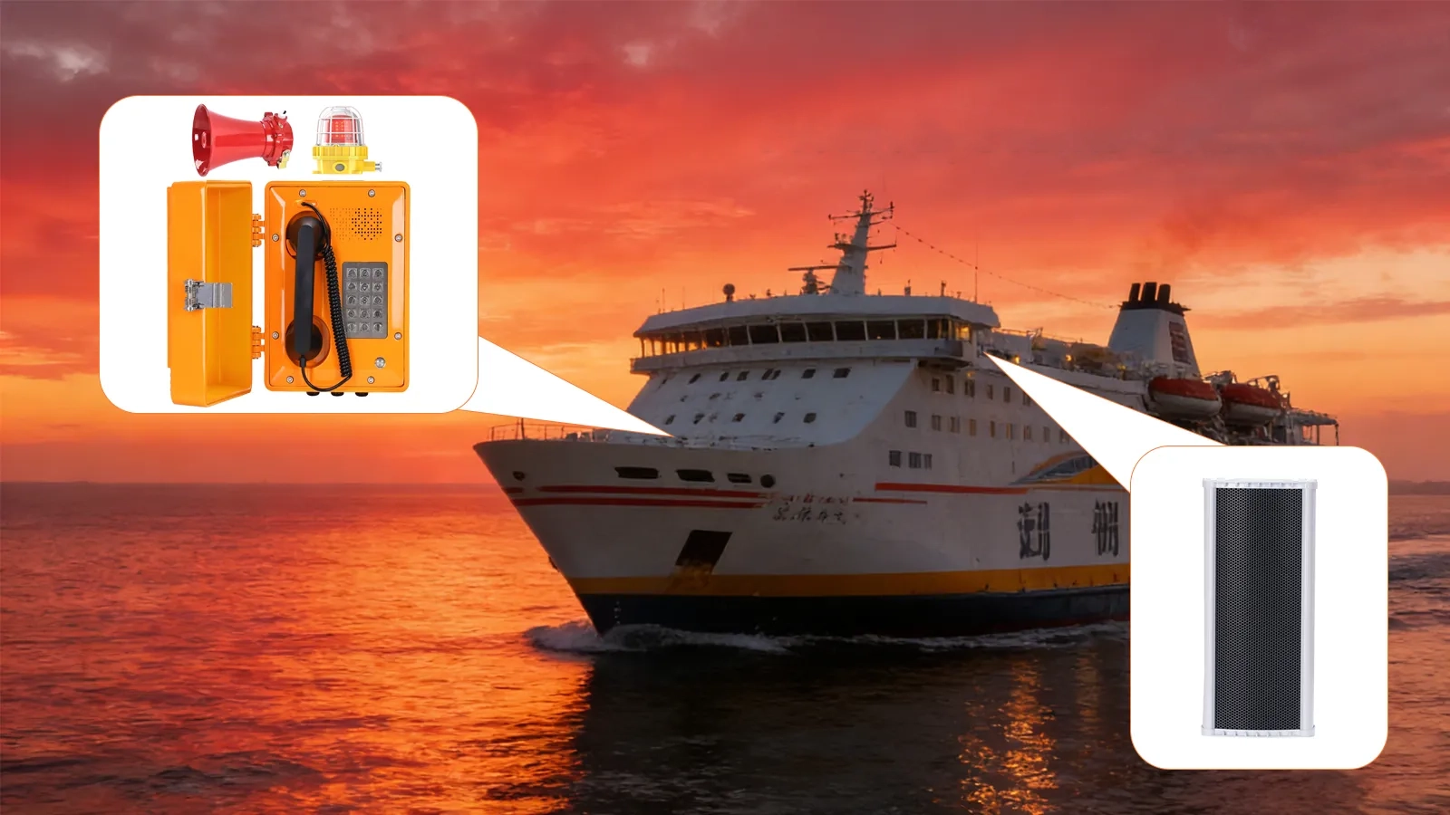 Marine vessel PAGA zoned paging concept with bridge control, engine room speakers, cargo deck alarms, accommodation area loudspeakers, and emergency evacuation messaging