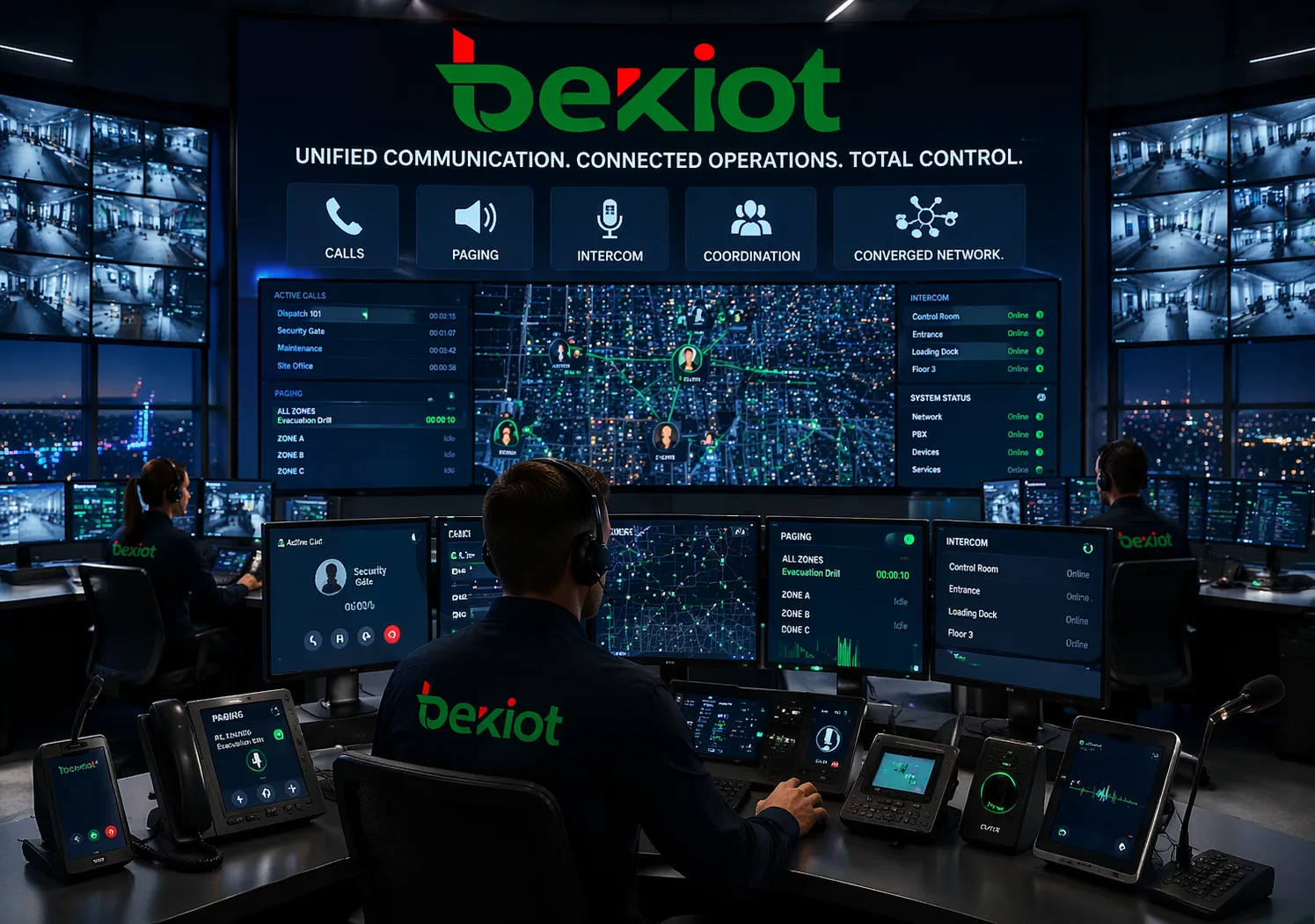 Unified communication control room using a converged network for calls paging intercom and operational coordination