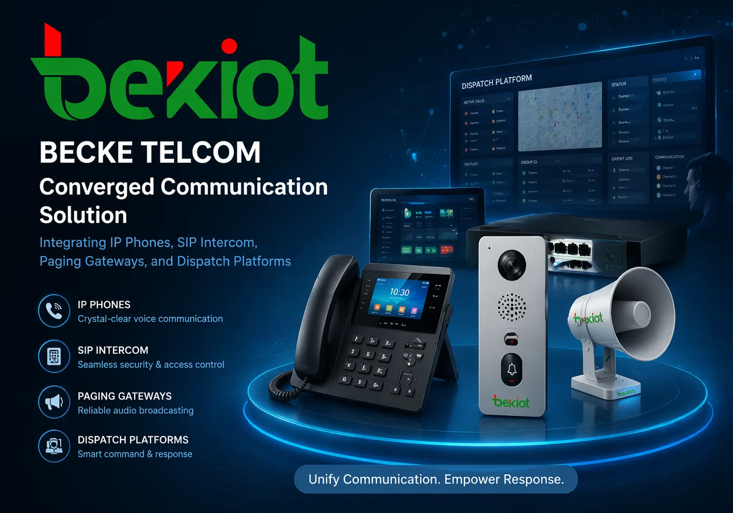 Becke Telcom converged communication solution integrating IP phones SIP intercom paging gateways and dispatch platforms