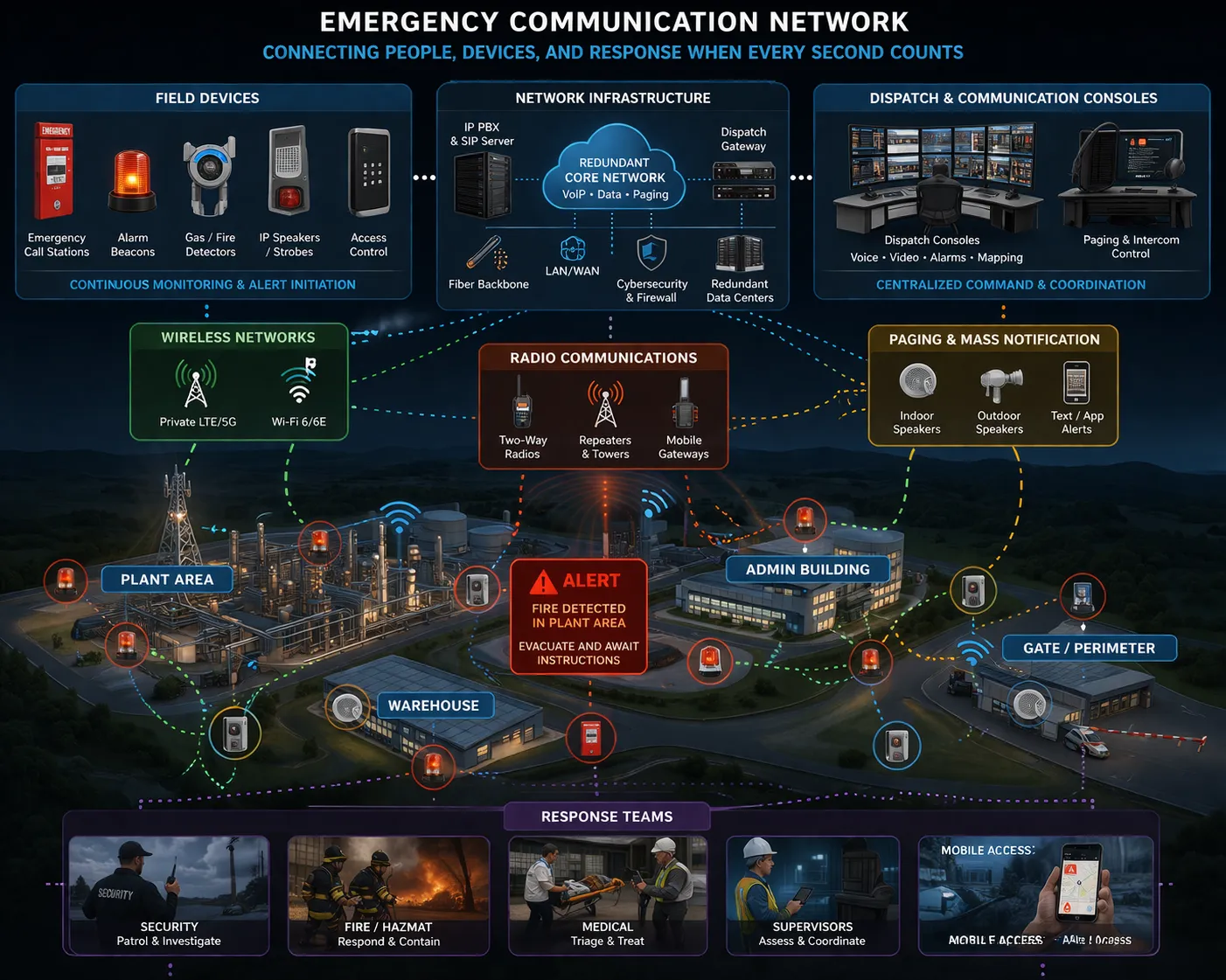 Integrated emergency dispatch center coordinating calls, alarms, radio traffic, and response teams across multiple communication channels