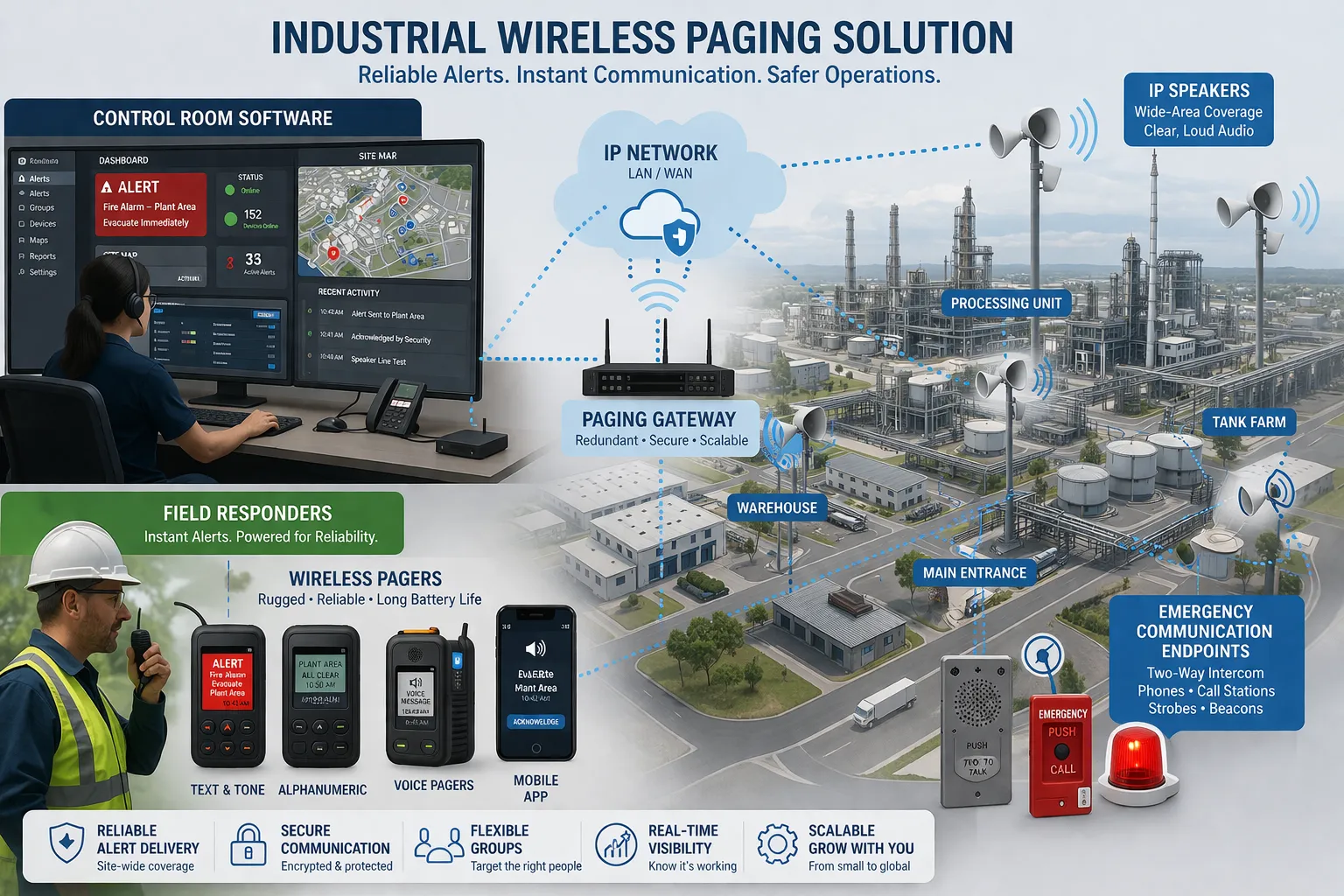 Industrial wireless paging solution with control room software, field responders, wireless pagers, IP speakers, and emergency communication endpoints across a large site