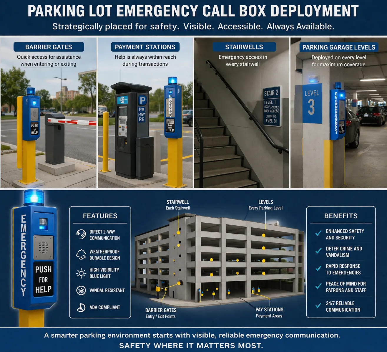 Parking lot emergency call box deployment at barrier gates, payment stations, stairwells, and parking garage levels