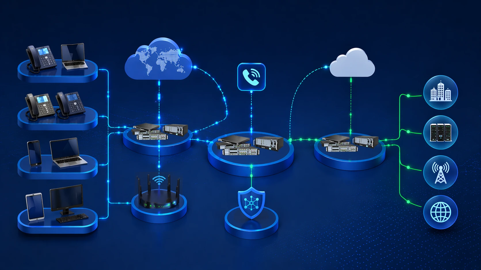 Enterprise IP PBX system architecture connecting desk phones, mobile devices, laptops, network gateways, cloud telephony, security, and enterprise communication endpoints