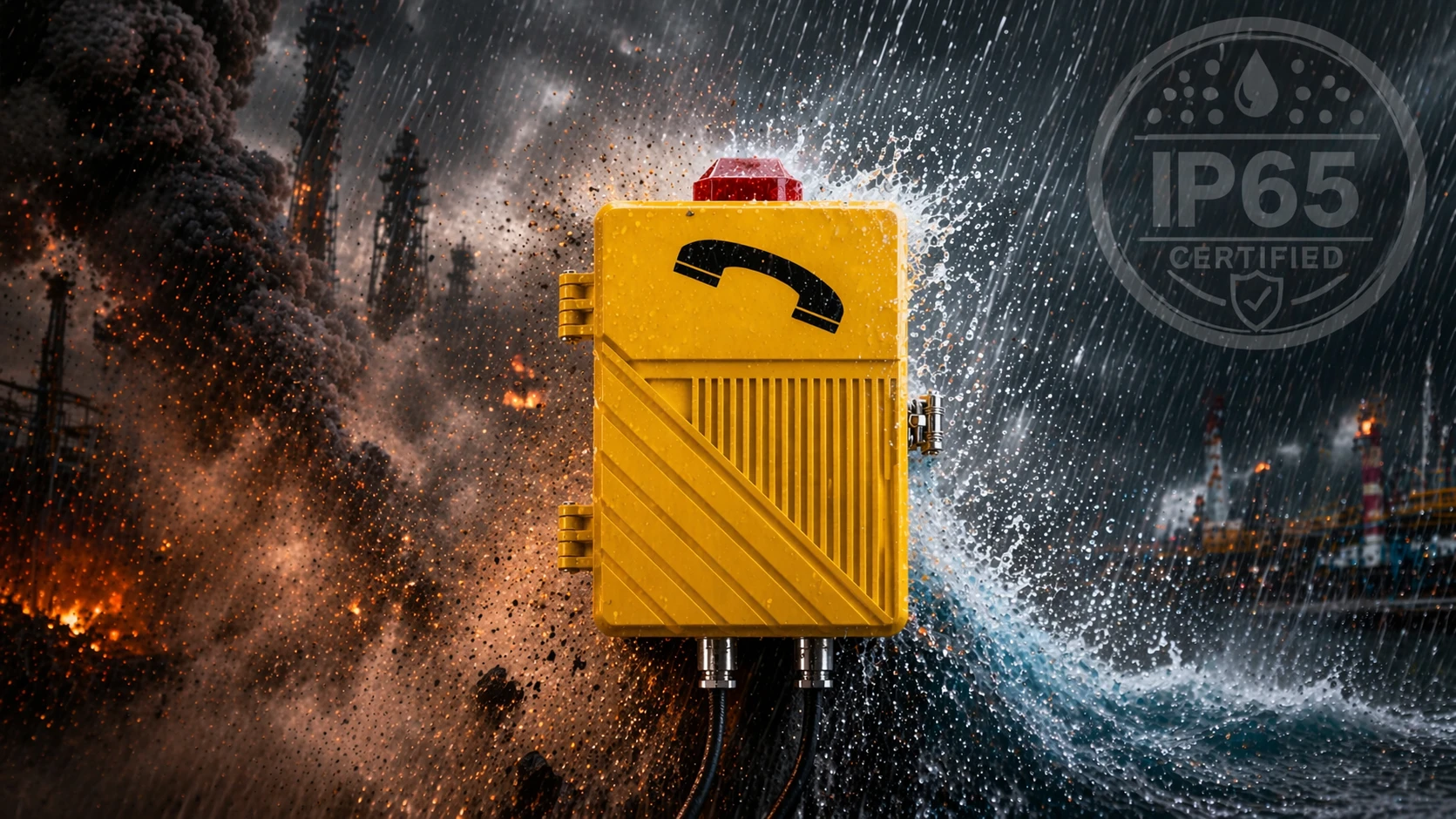 Outdoor industrial enclosure and communication device marked with IP65 protection for dust-tight construction and resistance to water jets Outdoor industrial enclosure and communication device marked with IP65 protection for dust-tight construction and resistance to water jets