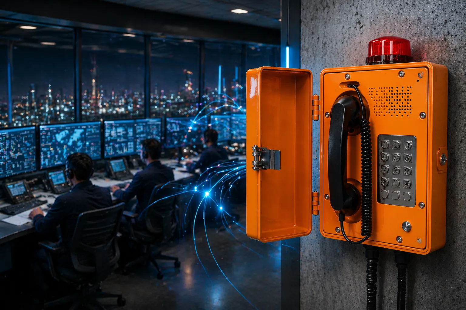 Industrial telephone connected through an IP or analog network to a control room and dispatch platform