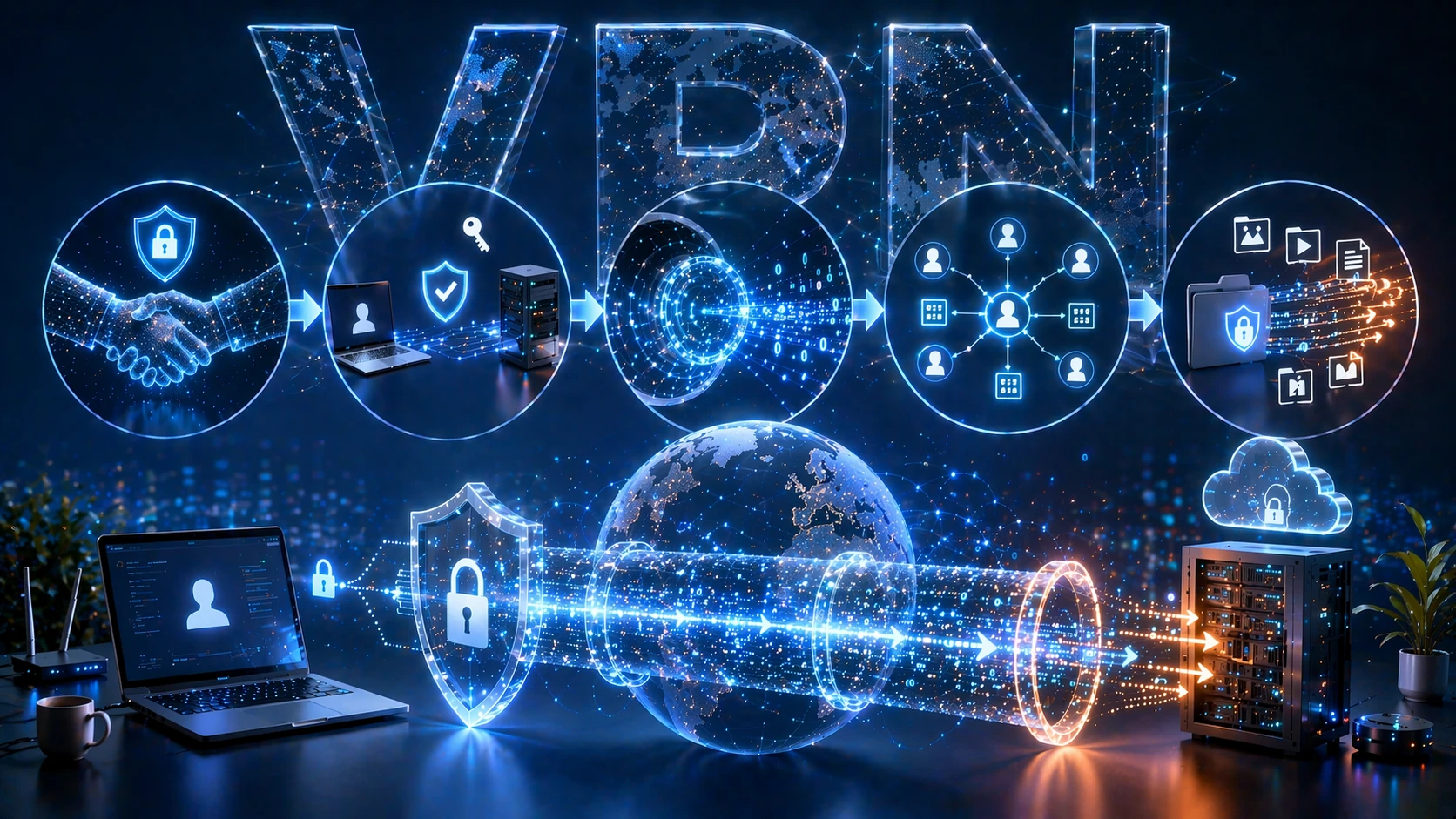 Illustration of OpenVPN connection stages including TLS handshake authentication tunnel creation virtual interface assignment and traffic routing through the VPN
