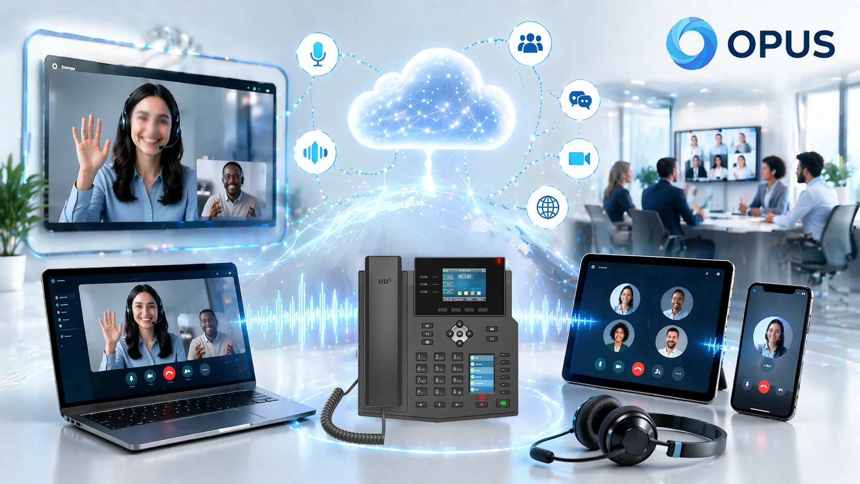 Comparison scene showing clearer voice communication and richer conference audio quality when Opus is used in a modern IP collaboration environment