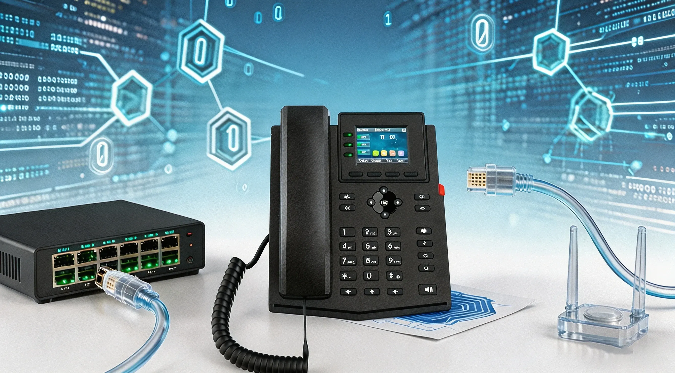 Managed Ethernet switch delivering PoE plus power to IP phones, wireless access points, and security cameras across a structured cabling network