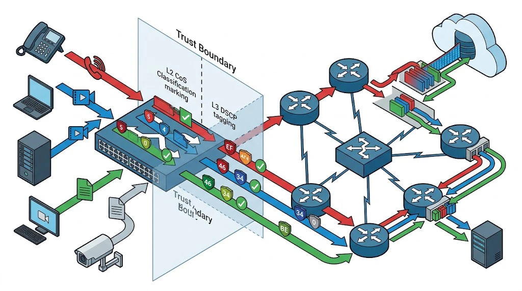 Network operations dashboard displaying DSCP-marked voice traffic, latency, jitter, queue statistics, and policy hits for a converged enterprise voice network Network operations dashboard displaying DSCP-marked voice traffic, latency, jitter, queue statistics, and policy hits for a converged enterprise voice network