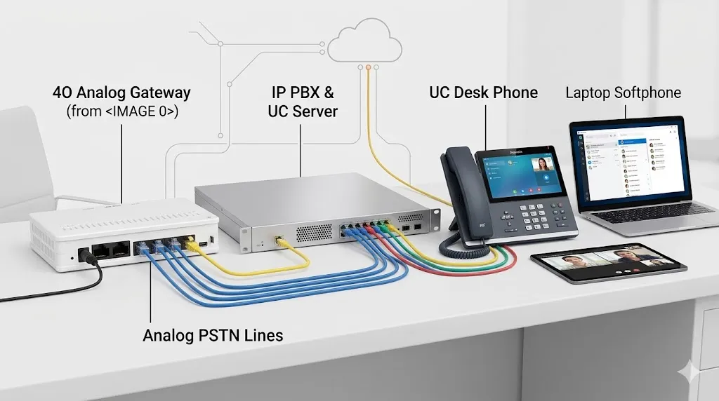 4O Analog Gateway connected with IP PBX and unified communications platform