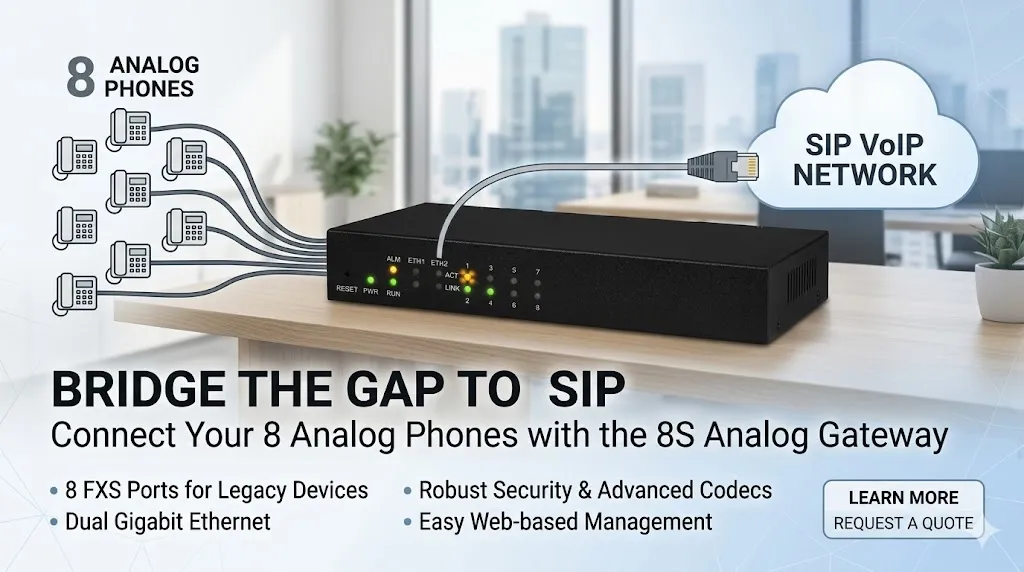 8S Analog Gateway front view for analog phone and SIP network integration