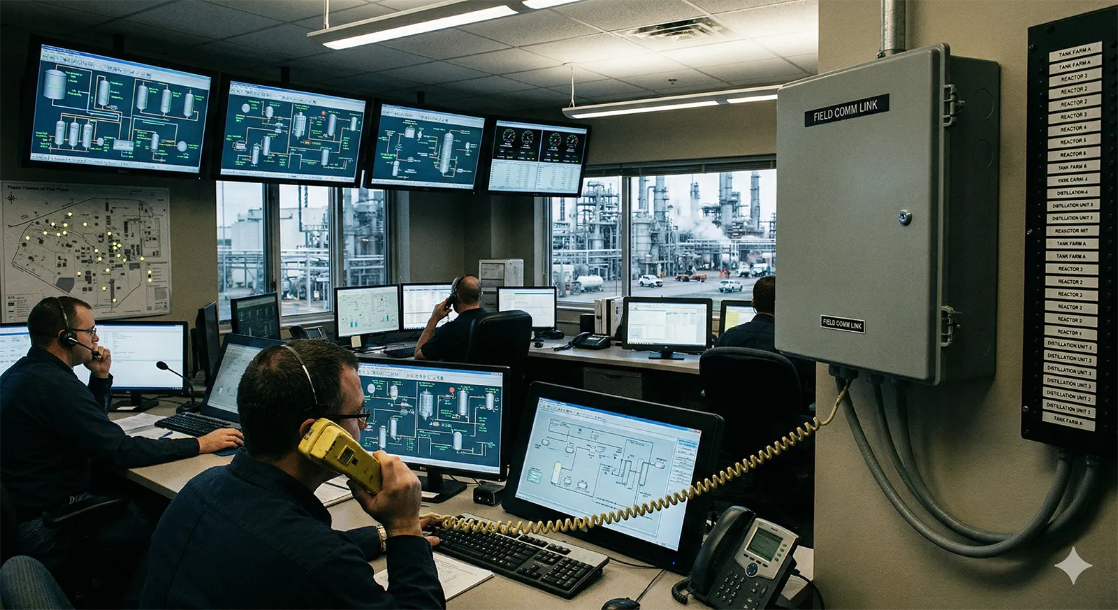 Control room communication workflow connected to field telephones in a petrochemical facility
