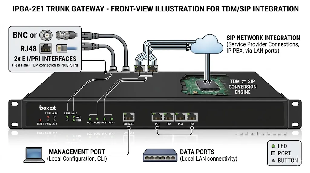 IPGA-2E1 Trunk Gateway front view for 2E1 trunk and SIP network integration