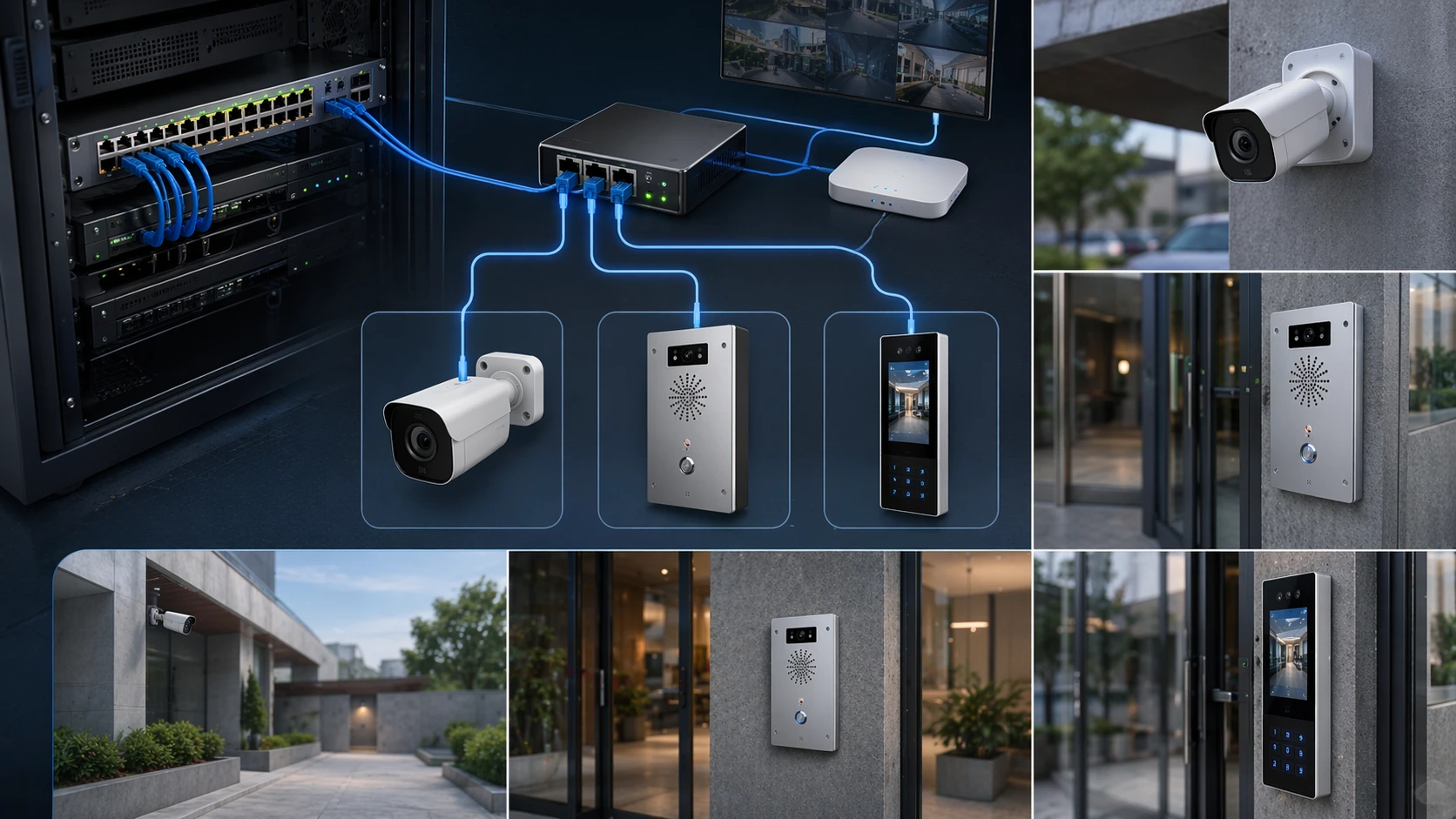 IEEE 802.3af PoE used for IP camera intercom terminal and access control device deployment in a facility