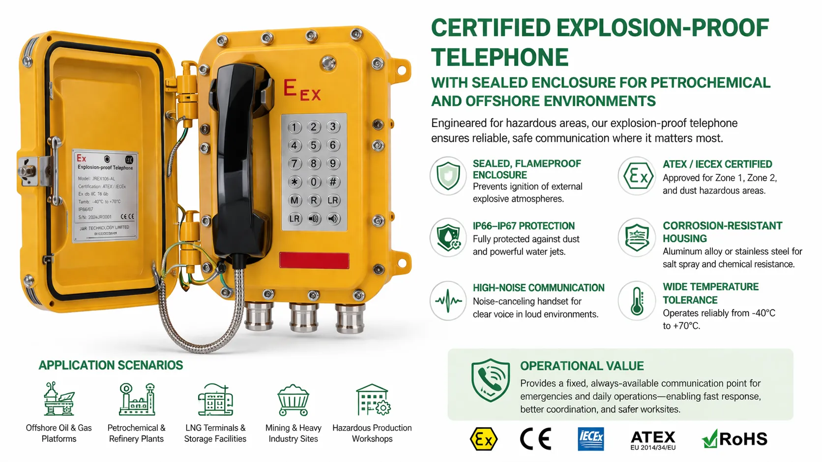 Certified explosion-proof telephone with sealed enclosure for petrochemical and offshore environments