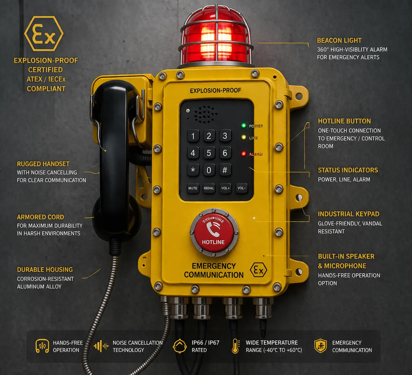 Explosion-proof telephone with beacon light hotline button and industrial emergency communication features