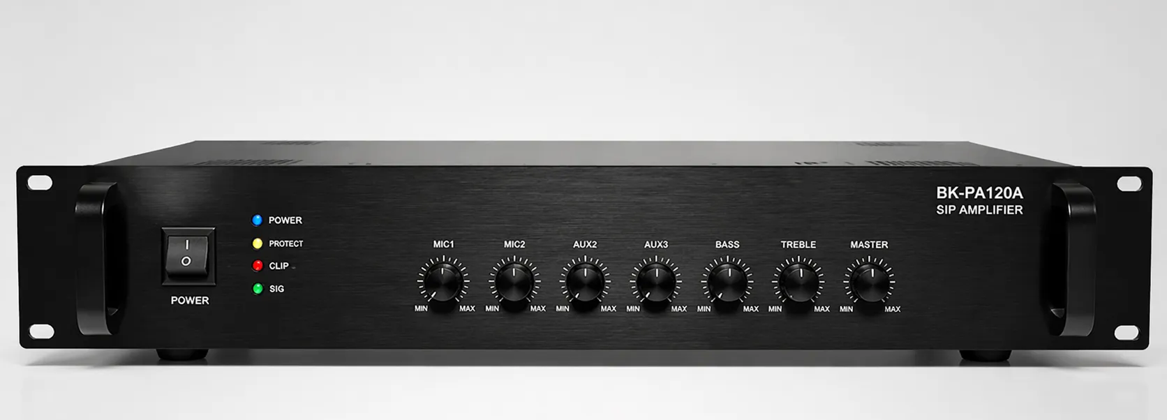 Front view of BK-PA120A SIP Amplifier in a 19-inch 2U rack-mounted installation