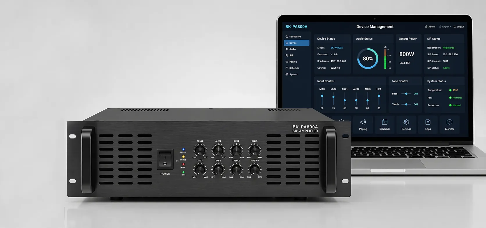 BK-PA800A SIP Amplifier with WEB interface for network audio monitoring and configuration