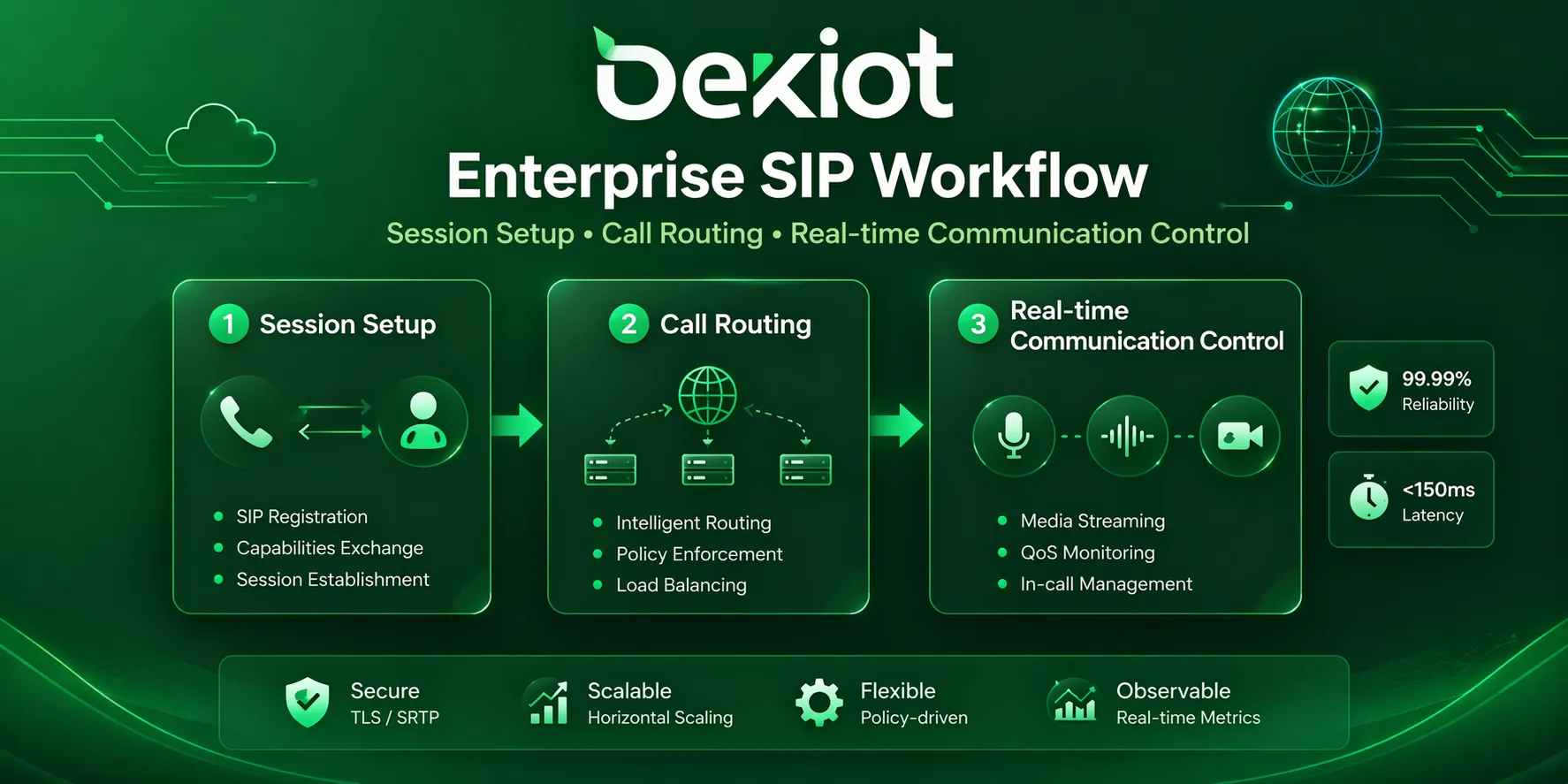 Enterprise SIP workflow showing session setup call routing and real-time communication control