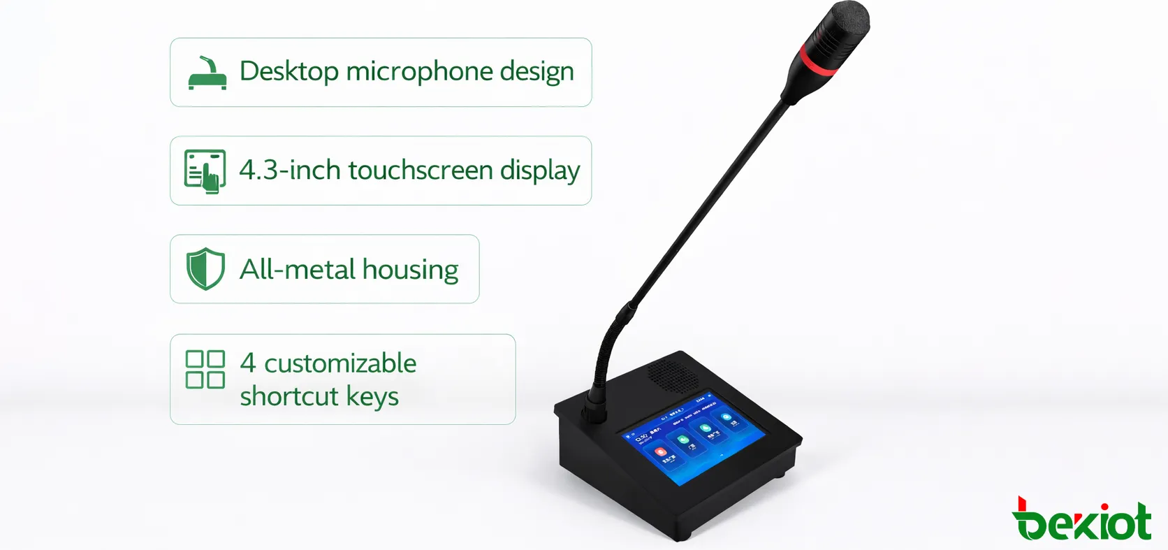 GP600J SIP microphone with touchscreen on a desktop paging station