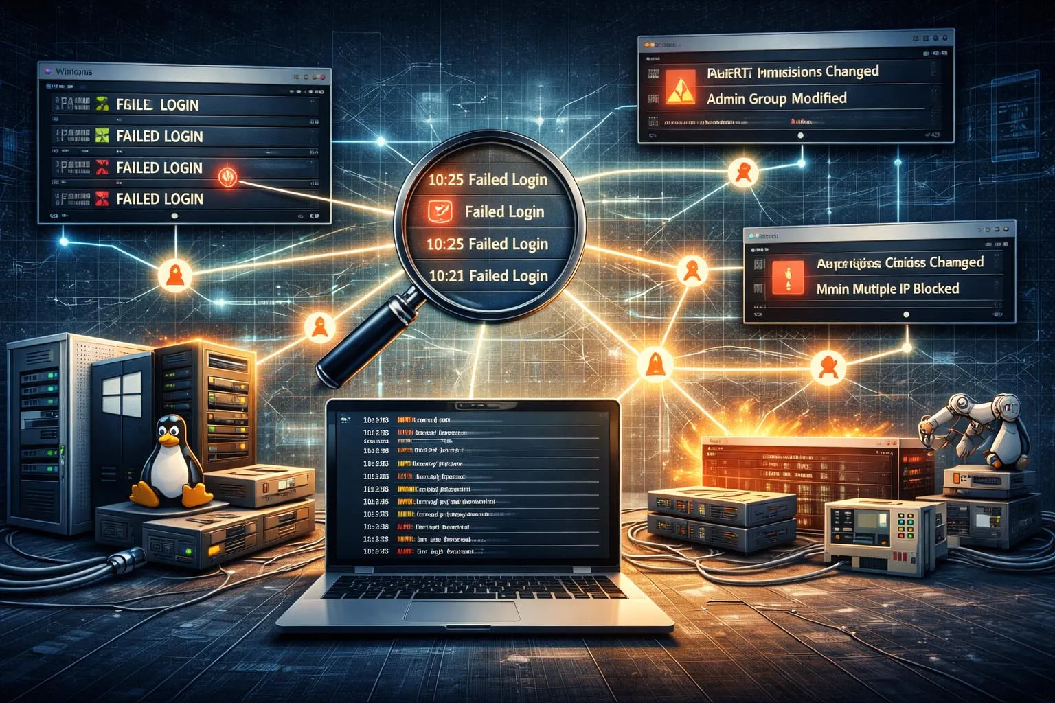 Security and operations teams reviewing correlated event logs from servers endpoints firewalls and applications to identify failures anomalies and suspicious behavior Security and operations teams reviewing correlated event logs from servers endpoints firewalls and applications to identify failures anomalies and suspicious behavior