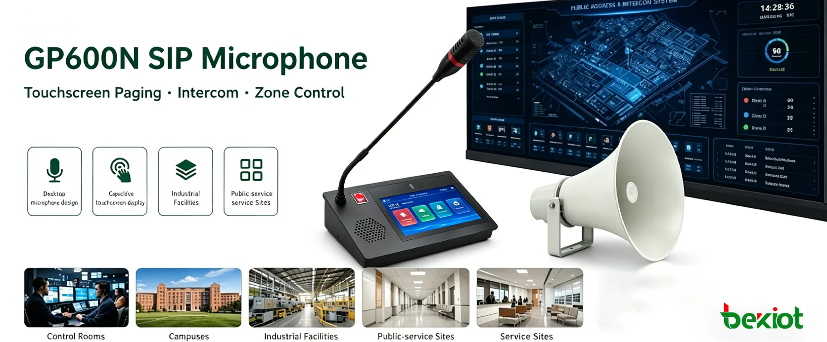 GP600N SIP microphone used in a control room for touchscreen paging and emergency broadcast operation